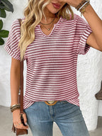 Striped Notched Short Sleeve T-Shirt