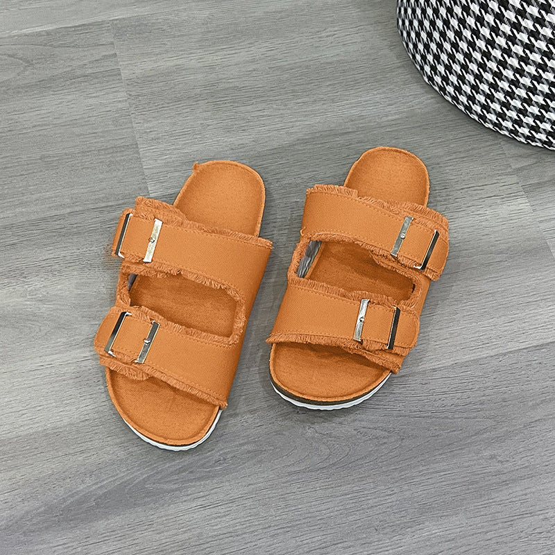Raw Hem Open Toe Double Buckle Sandals - felvior