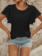 Eyelet Round Neck Flutter Sleeve Top