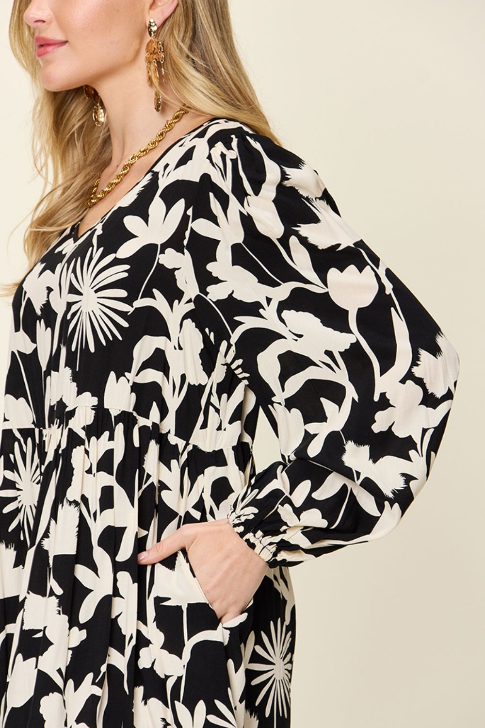 Double Take Full Size Printed Ruffle Hem Dress with Pocket - felvior