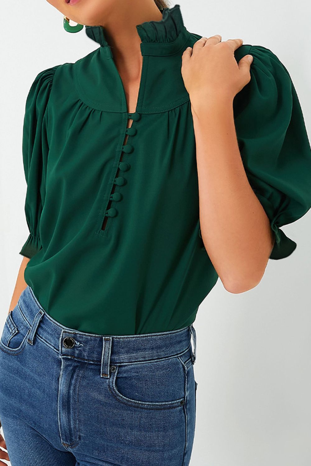 Puff Sleeve Frilled Trim Elegant Blouse - felvior