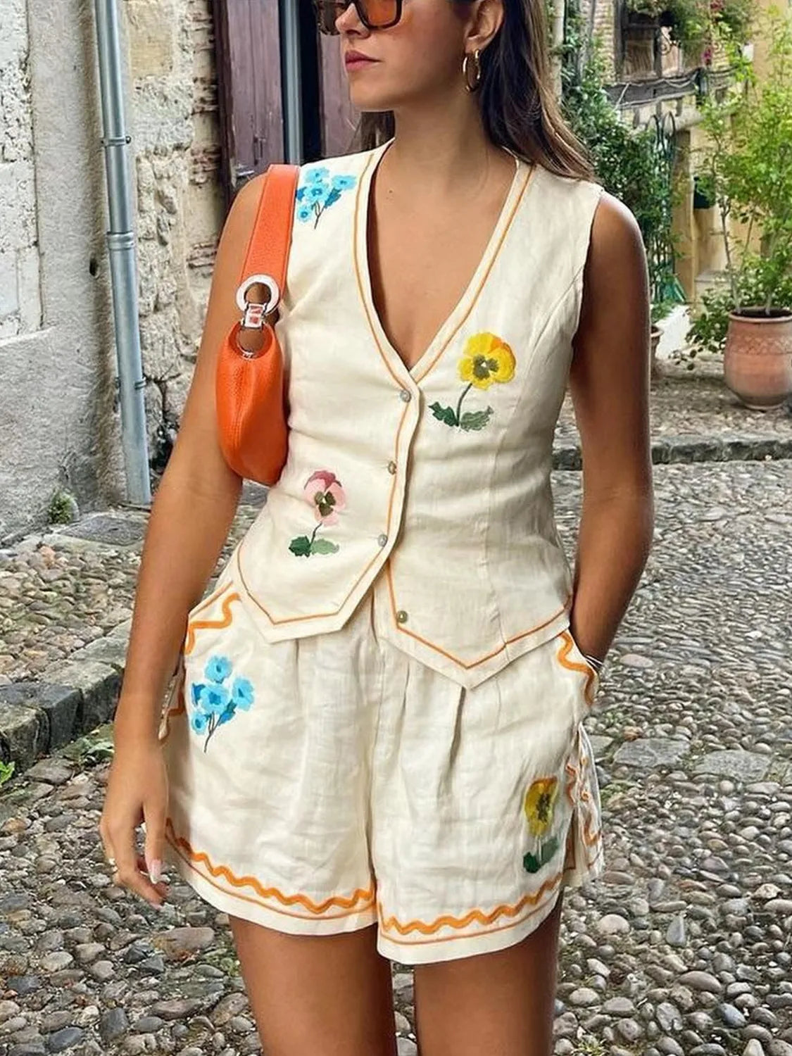 Embroidered V-Neck Vest and Shorts Set - felvior