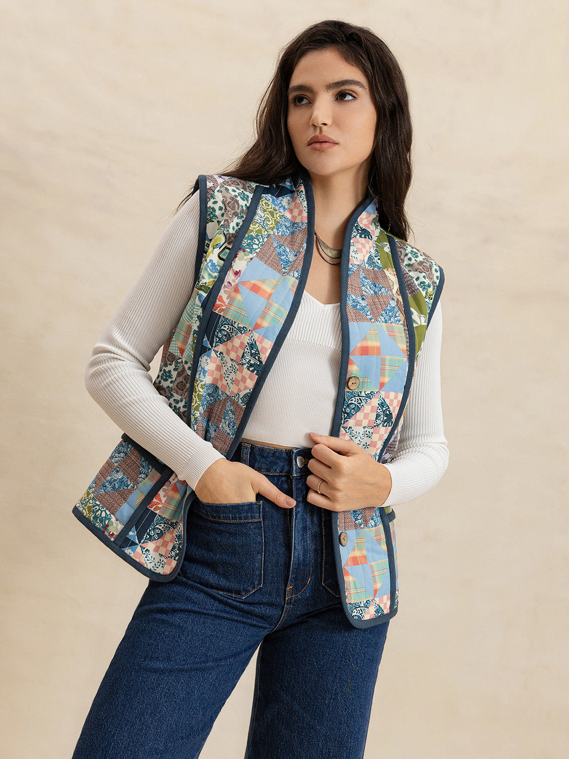 Printed Patchwork Contrast Piping Vest Hauptbild