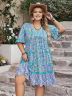 Plus Size Ruffled Hem Lace Detail Printed Half Sleeve Dress