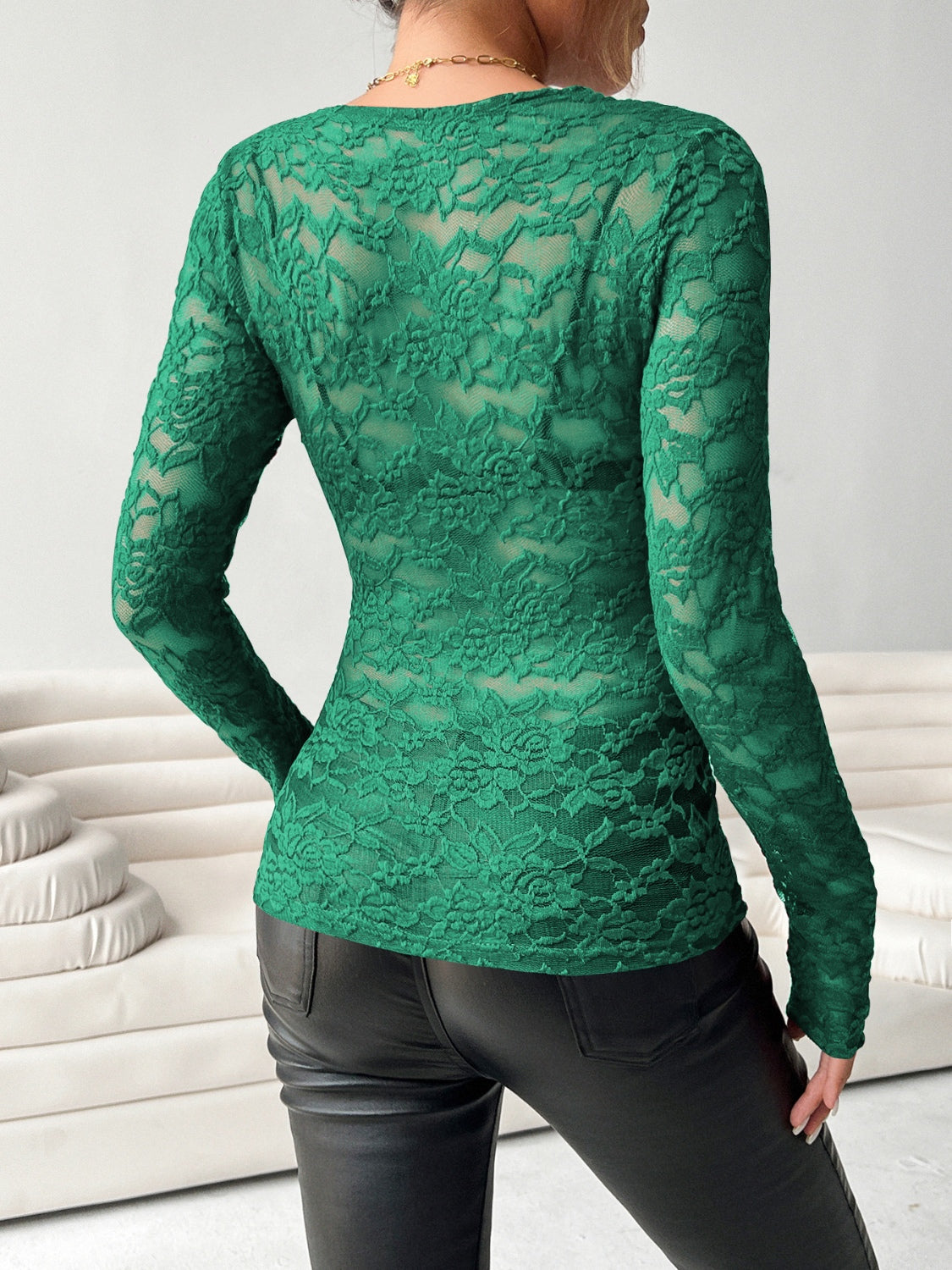 V-Neck Long Sleeve Lace Top - felvior