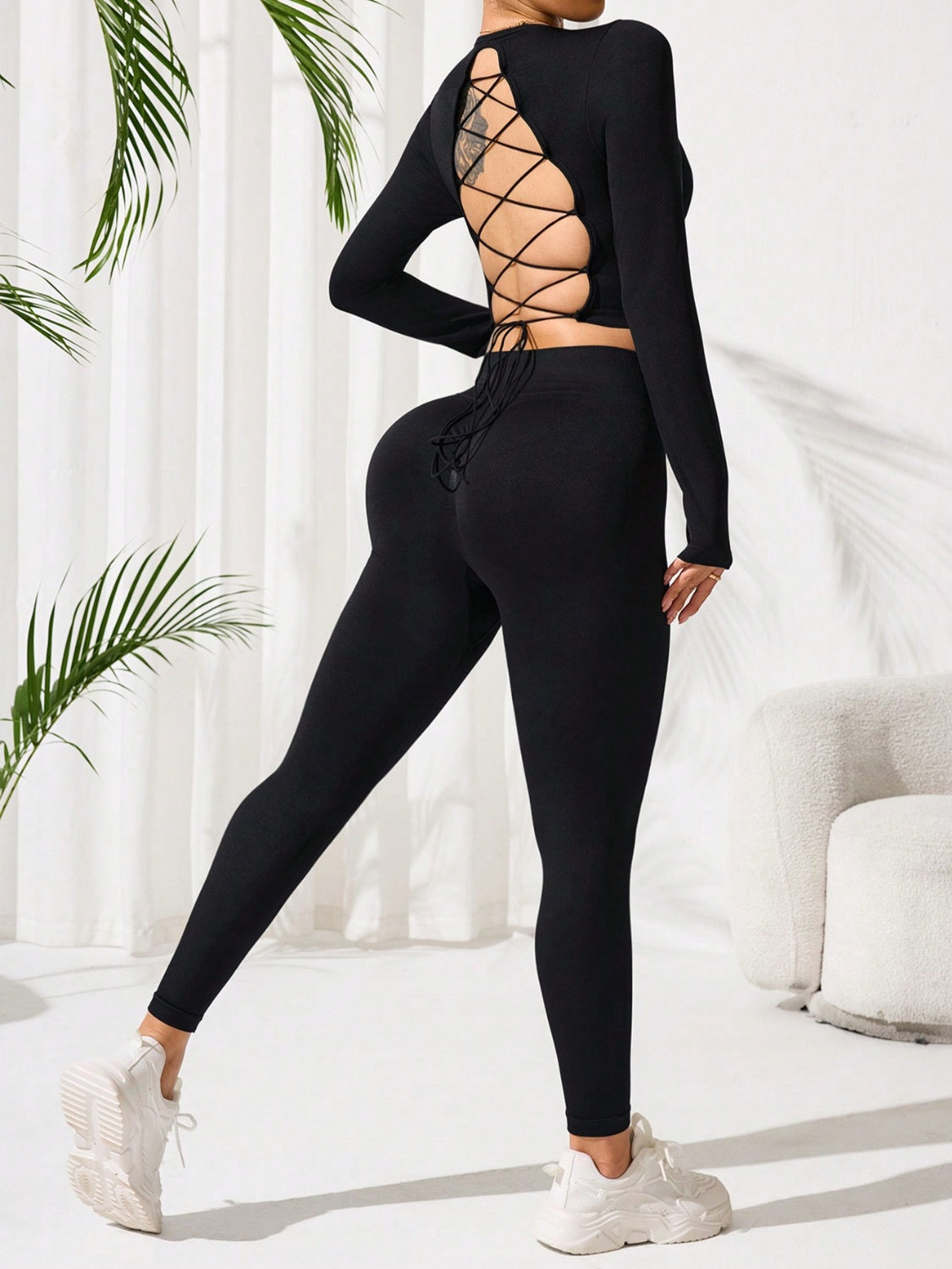 Lace-Up Back Round Neck Top and Leggings Active Set - felvior