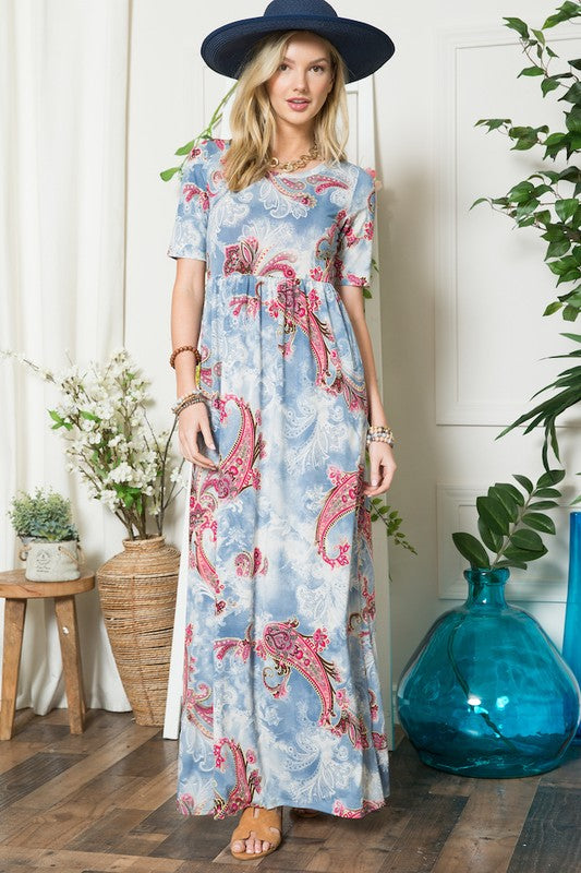 Celeste Full Size Paisley Print Short Sleeve Maxi Dress with Pockets Plus Size - felvior