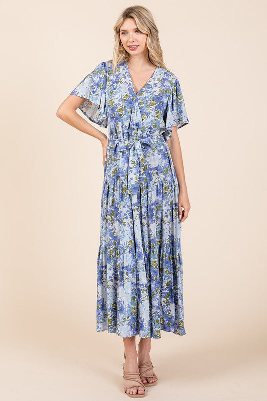 Mittoshop Floral Tie Waist Flutter Sleeve Tiered Dress - felvior