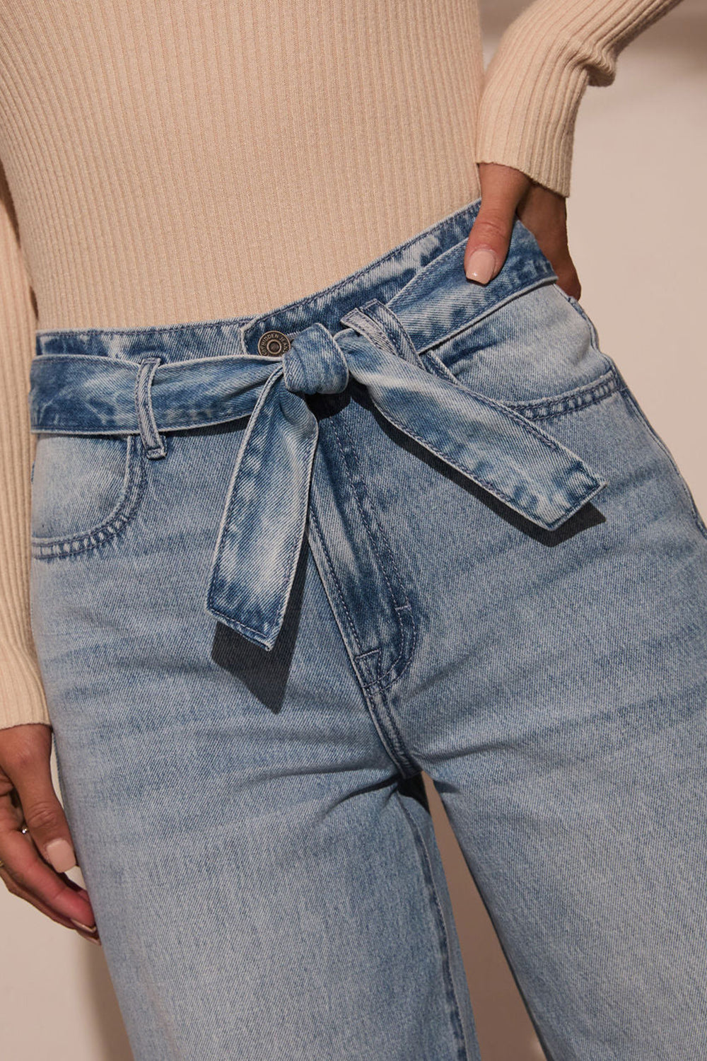 Tied Wide Leg Jeans with Pockets - felvior