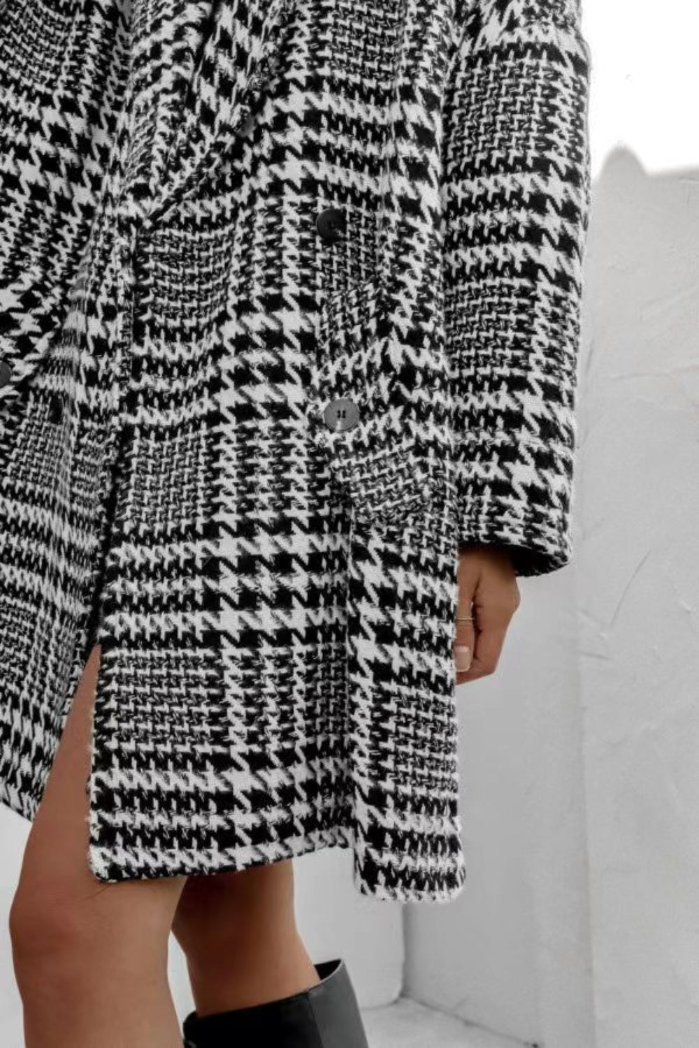 Houndstooth Collared Neck Long Sleeve Coat with Pockets - felvior