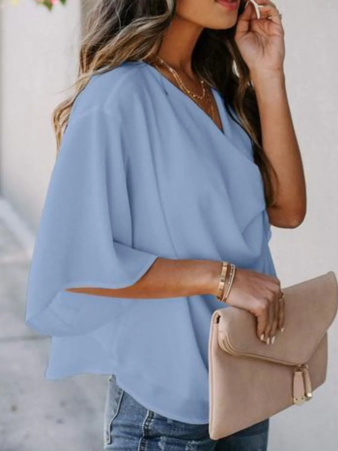 Full Size Ruched Three-Quarter Sleeve Blouse Plus Size - felvior