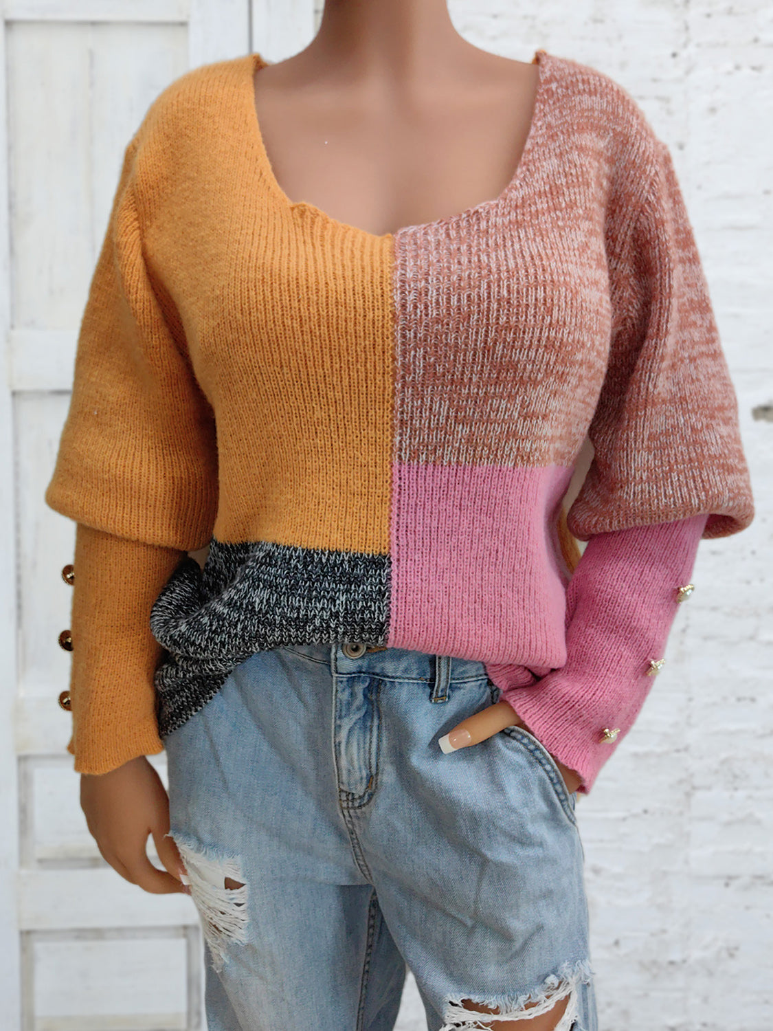 Color Block Decorative Button Long Sleeve Sweater - felvior