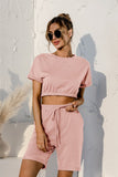 Short Sleeve Cropped Top and Drawstring Shorts Lounge Set - felvior