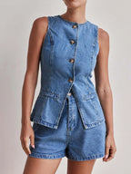 Button Down Vest and Shorts Denim Set