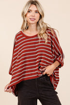 Mittoshop Texture Striped Print Round Neck Dolman Sleeve Top