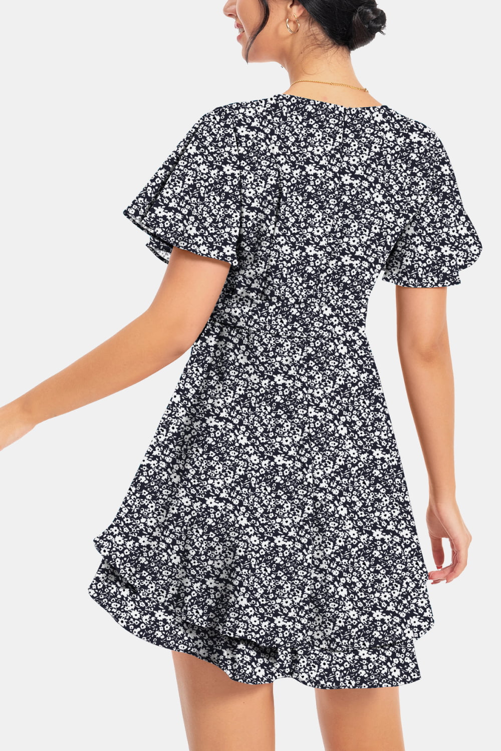 Surplice Neck Flutter Sleeve Dress - felvior