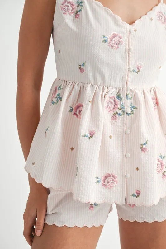 MABLE Stripe Embroidered Peplum Cami and Shorts Set - felvior