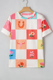 Checker Print Round Neck Short Sleeve T-Shirt - felvior