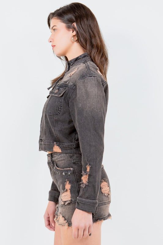 American Bazi Full Size Distressed Star Stud Trim Denim Rider Jacket Plus Size - felvior