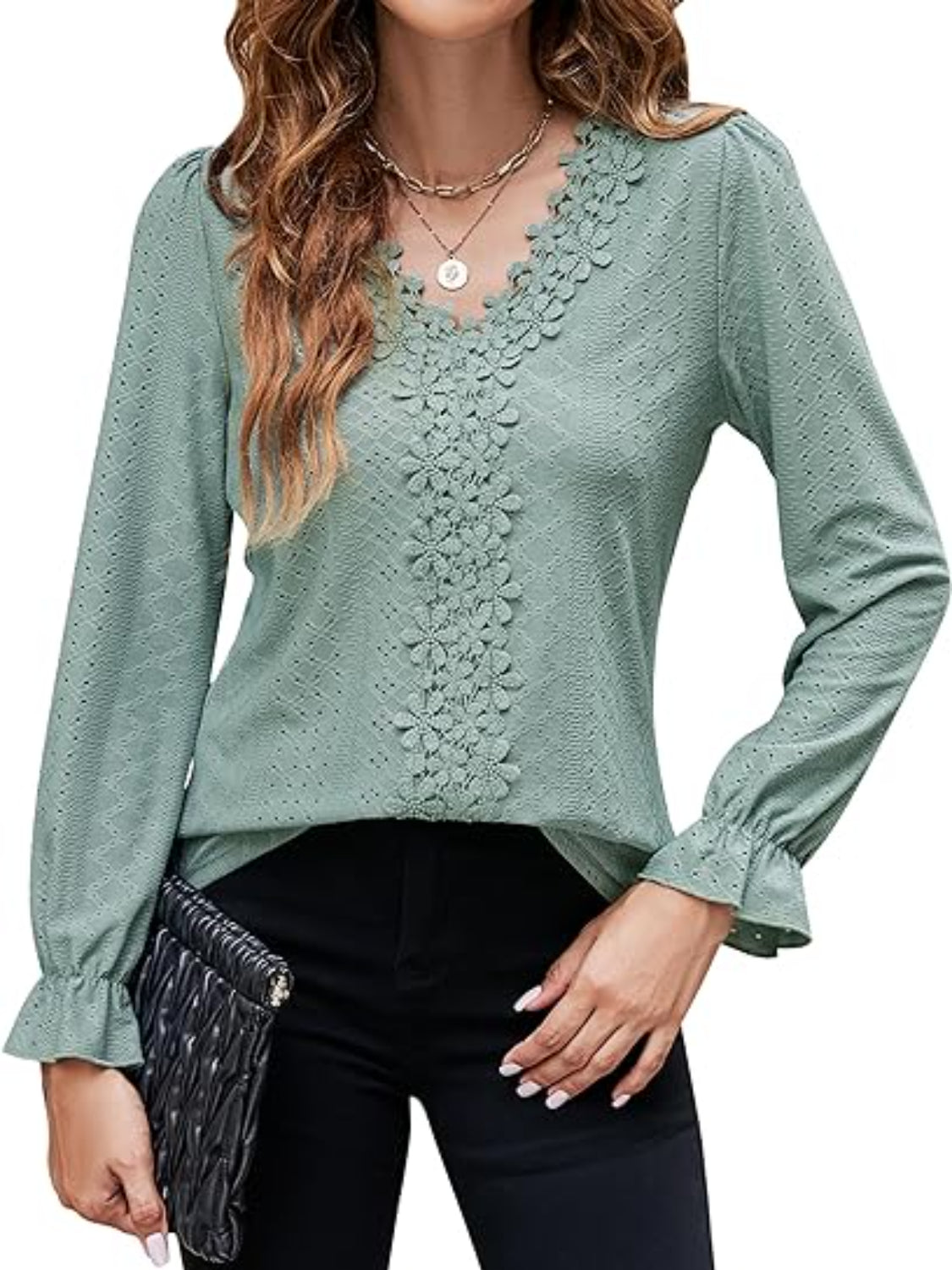 Lace Detail Eyelet V-Neck Flounce Sleeve Blouse - felvior