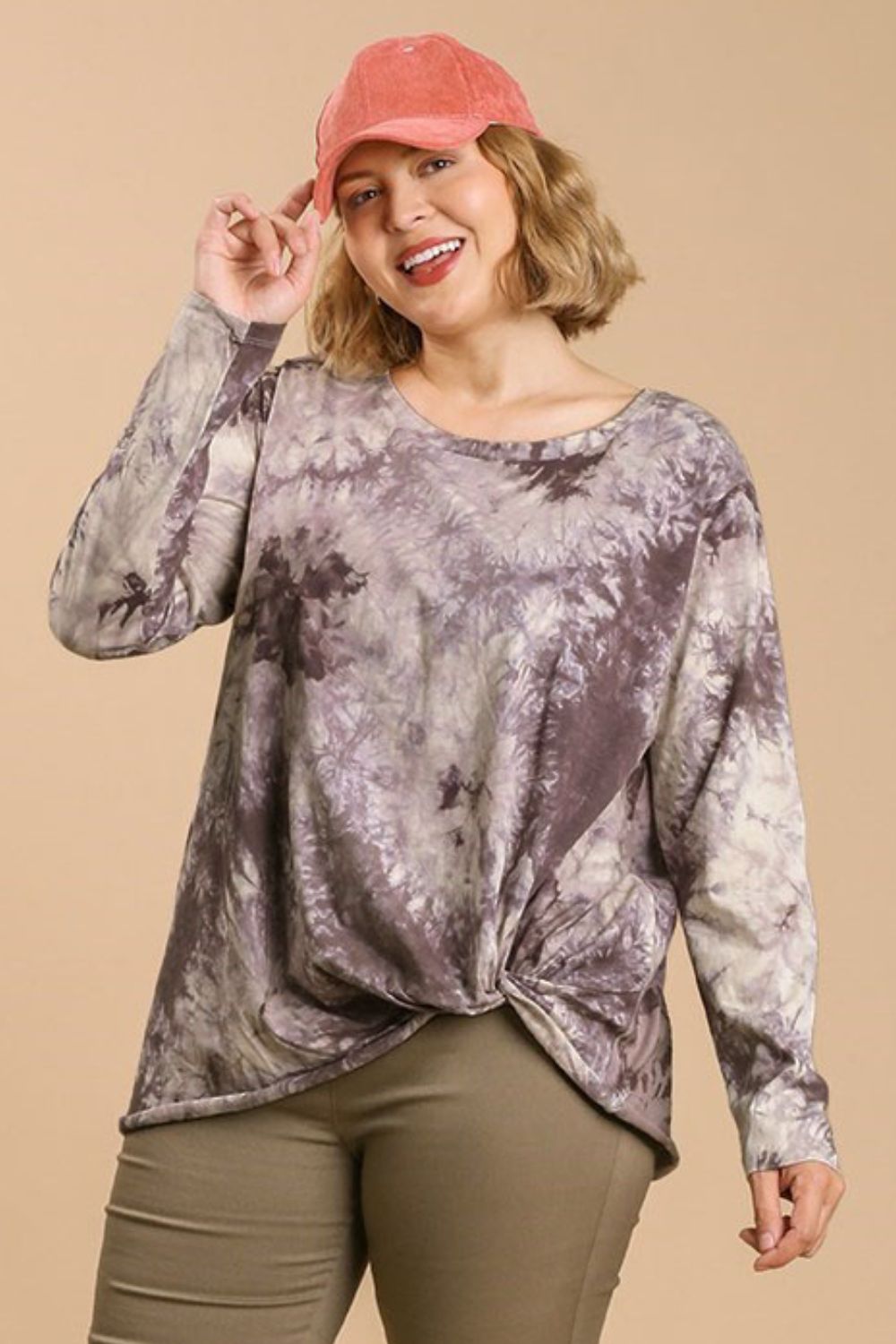 Umgee Full Size Tie Dye Front Gathered Detail Round Neck Long Sleeve T-Shirt Plus Size - felvior