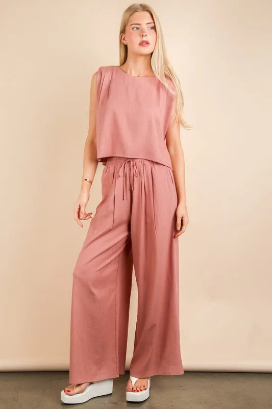 VERY J Solid Woven Top & Pants Set