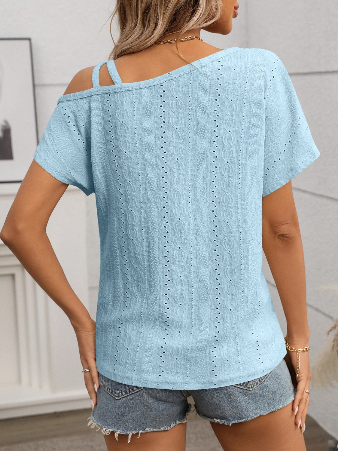 Eyelet Asymmetrical Shoulder Short Sleeve T-Shirt