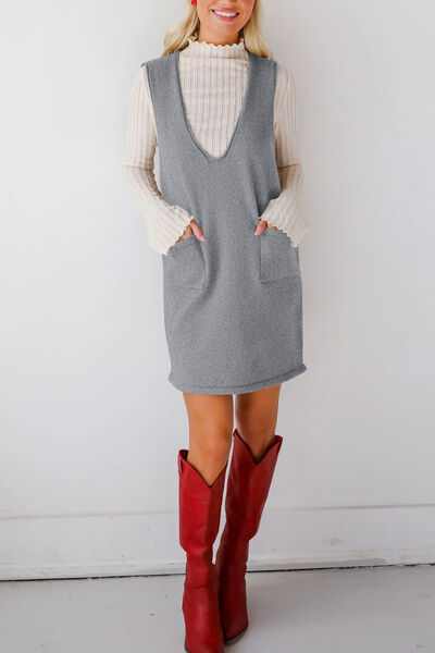 Lovelet Pocketed V-Neck Mini Sweater Overall Dress