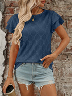 Eyelet Round Neck Double Layered Ruffled Short Sleeve Top
