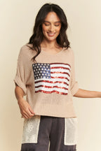 Davi & Dani Sequin American Flag Patch Short Sleeve Knit Top