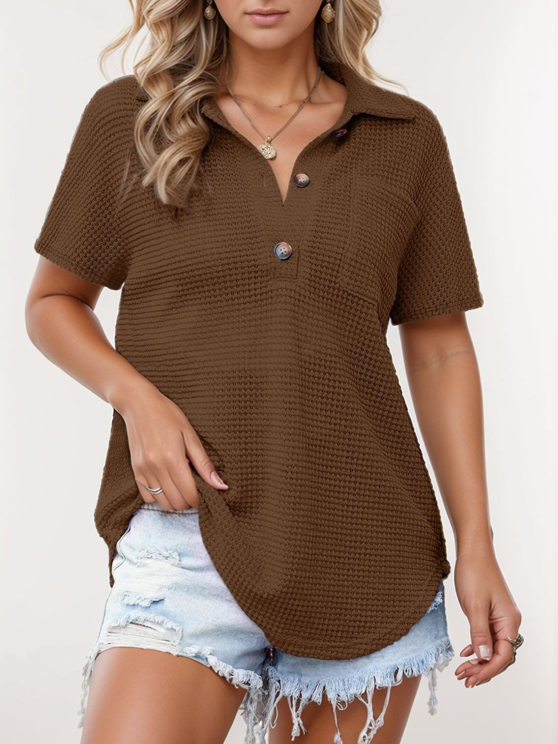 Waffle-Knit Short Sleeve Polo Shirt - felvior