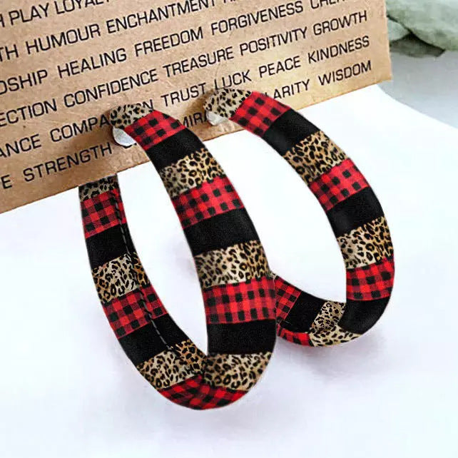 Plaid PU Leather Hoop Earrings - felvior