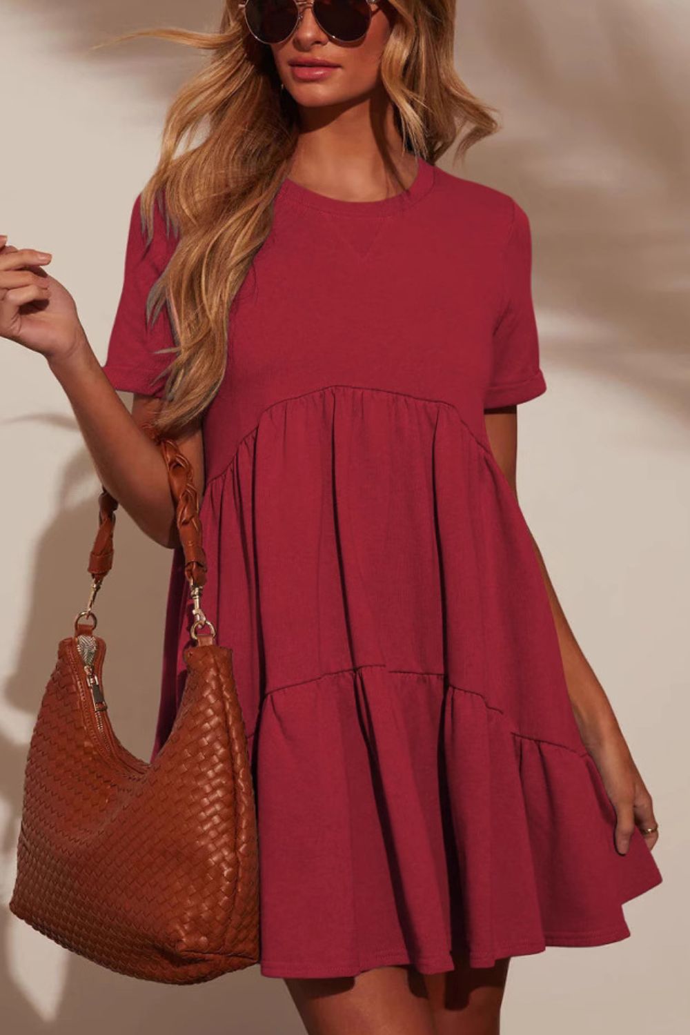 Tiered Round Neck Short Sleeve Mini Dress - felvior