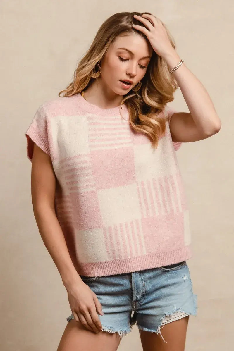 BiBi Checker With Stripes Pattern Sleeveless Sweater