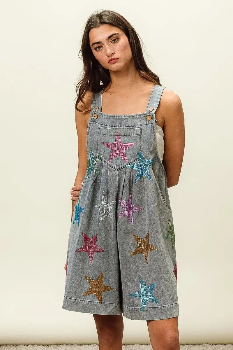 BiBi Star Rhinestone Washed Wide Leg Shortalls