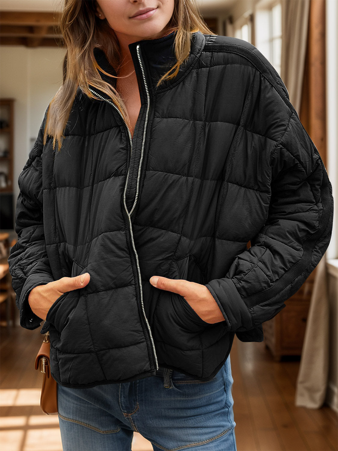Pocketed Plaid Quilted Zip Up Winter Coat - felvior