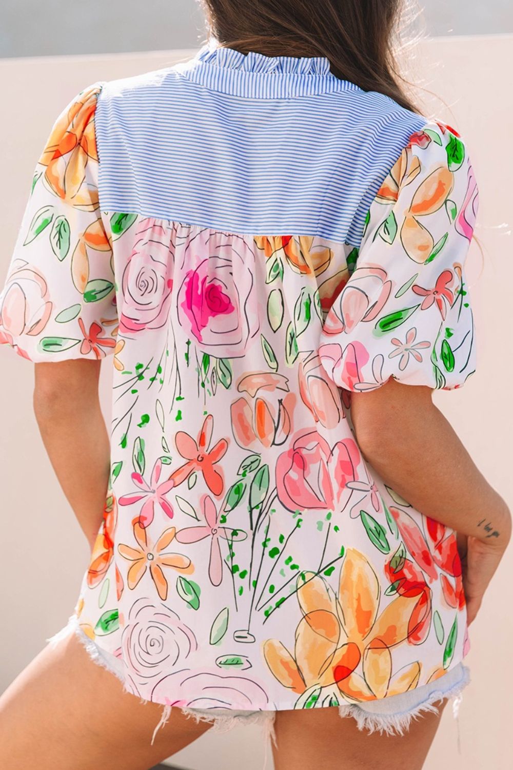 Floral Striped Yoke Frilled Tie Neck Puff Short Sleeve Blouse - felvior