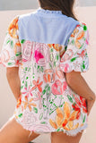 Floral Striped Yoke Frilled Tie Neck Puff Short Sleeve Blouse - felvior
