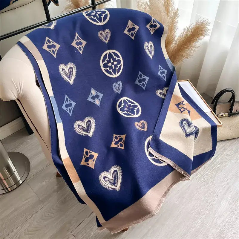 Alt Tag: raw hem polyester scarf in blue with heart and geometric print, soft imported 1-piece wrap with raw-edge finish
