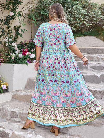 Plus Size Printed Tie Neck Flutter Sleeve Maxi Dress