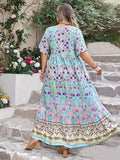 Plus Size Printed Tie Neck Flutter Sleeve Maxi Dress