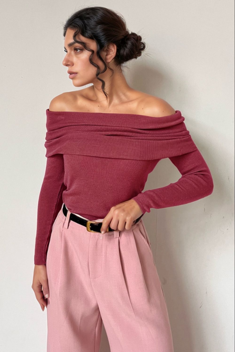 Off-Shoulder Long Sleeve Knit Top - felvior
