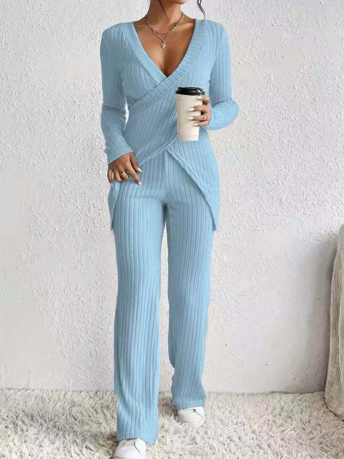 Surplice Long Sleeve Top and Pants Set