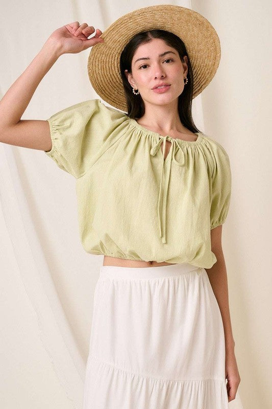 Mittoshop Linen Two-Way Short Sleeve Crop Blouse - felvior