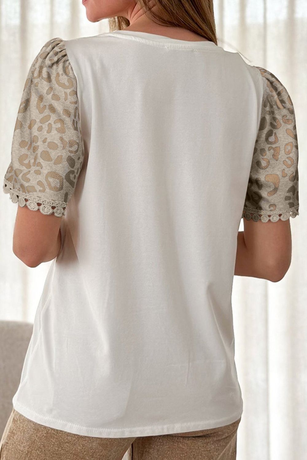 Leopard Patchwork Crochet Lace Trim Puff Sleeve T Shirt - felvior