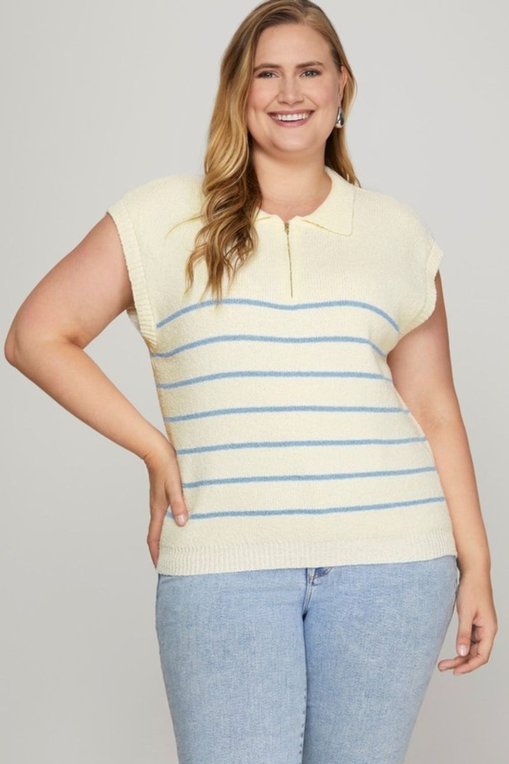She + Sky Full Size Ribbed Hem Striped Half Zip Sweater Vest Plus Size Zweitbild
