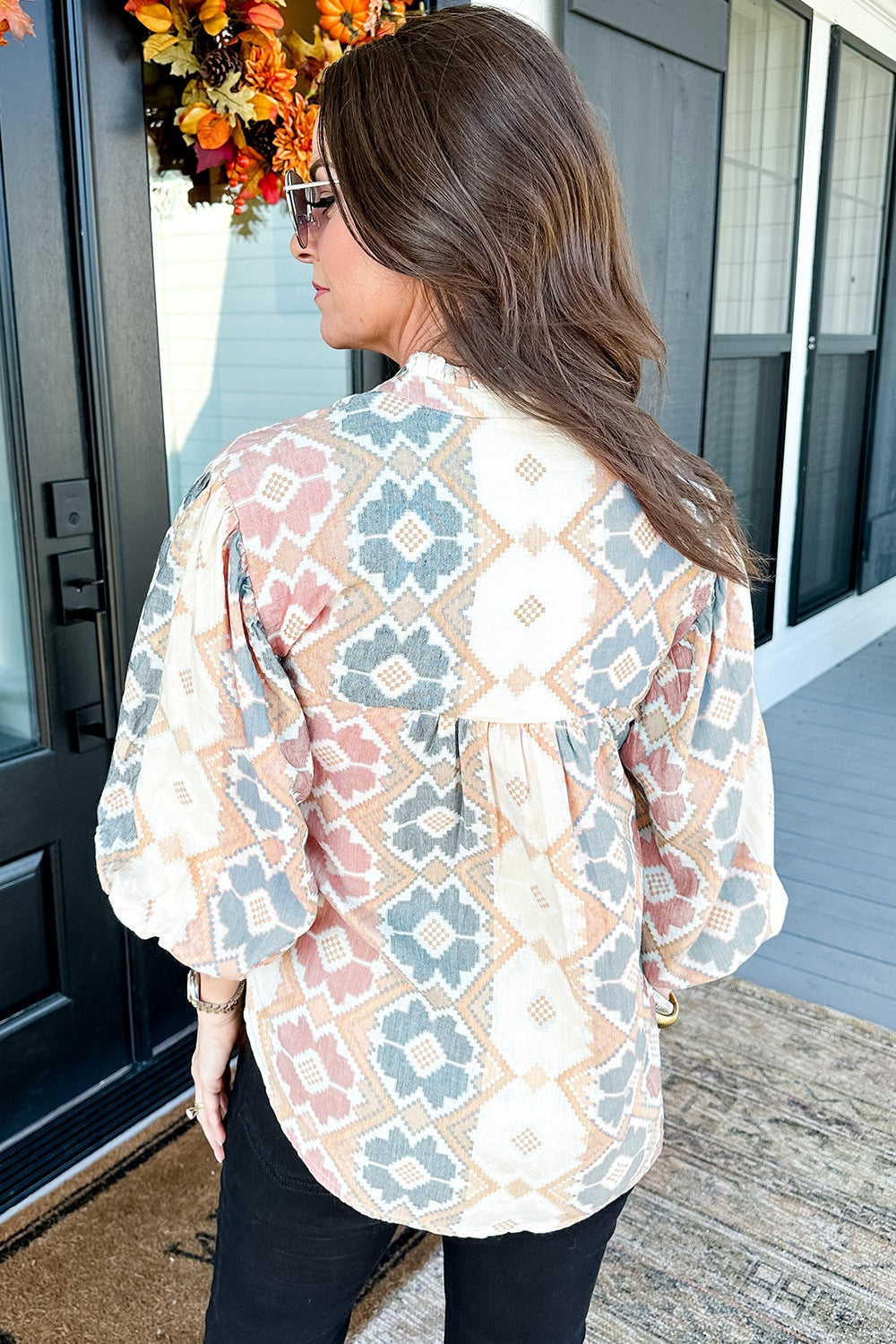 Tassel Tie Neck Balloon Sleeve Blouse - felvior