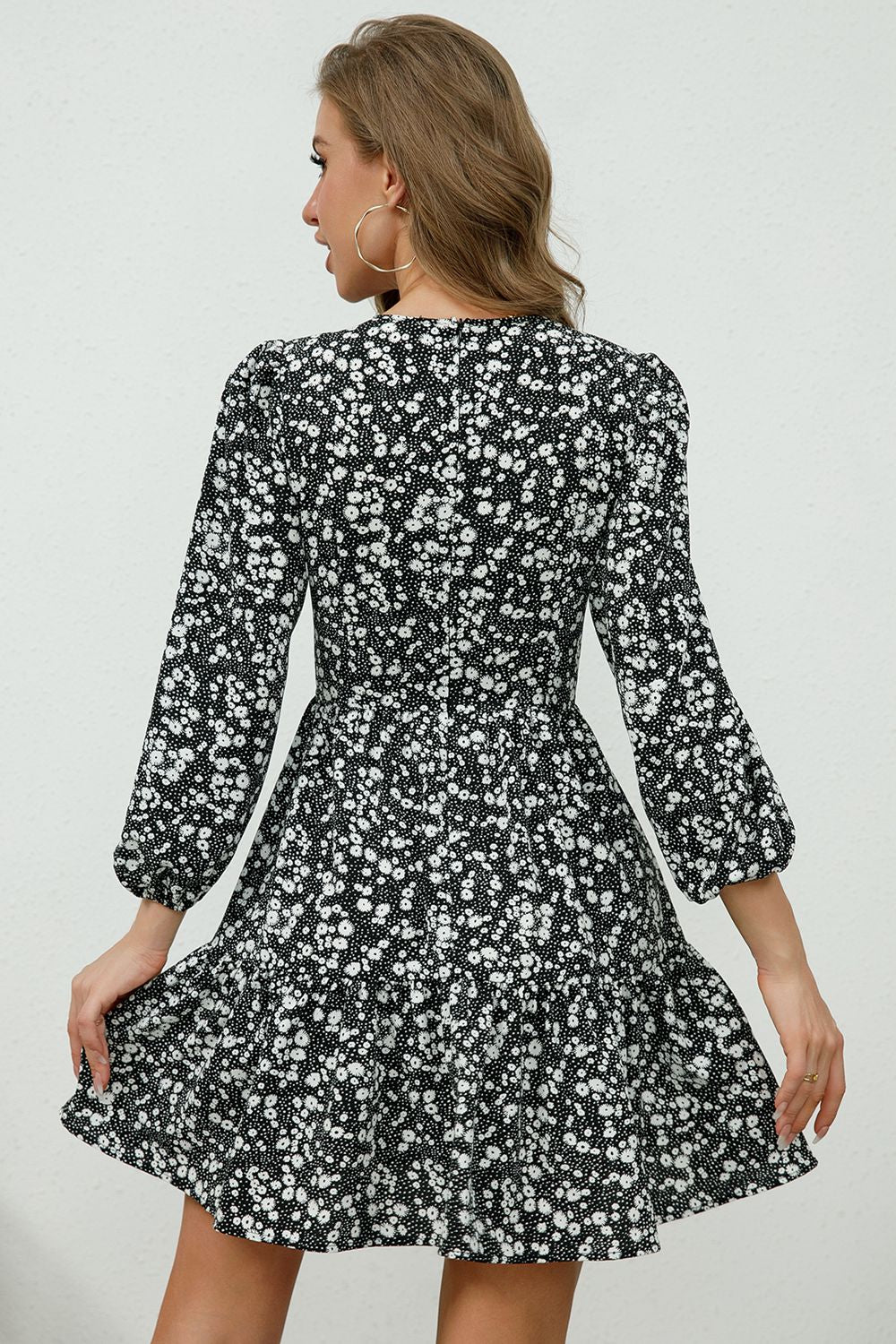 Printed Plunge Neck Flounce Sleeve Mini Dress - felvior