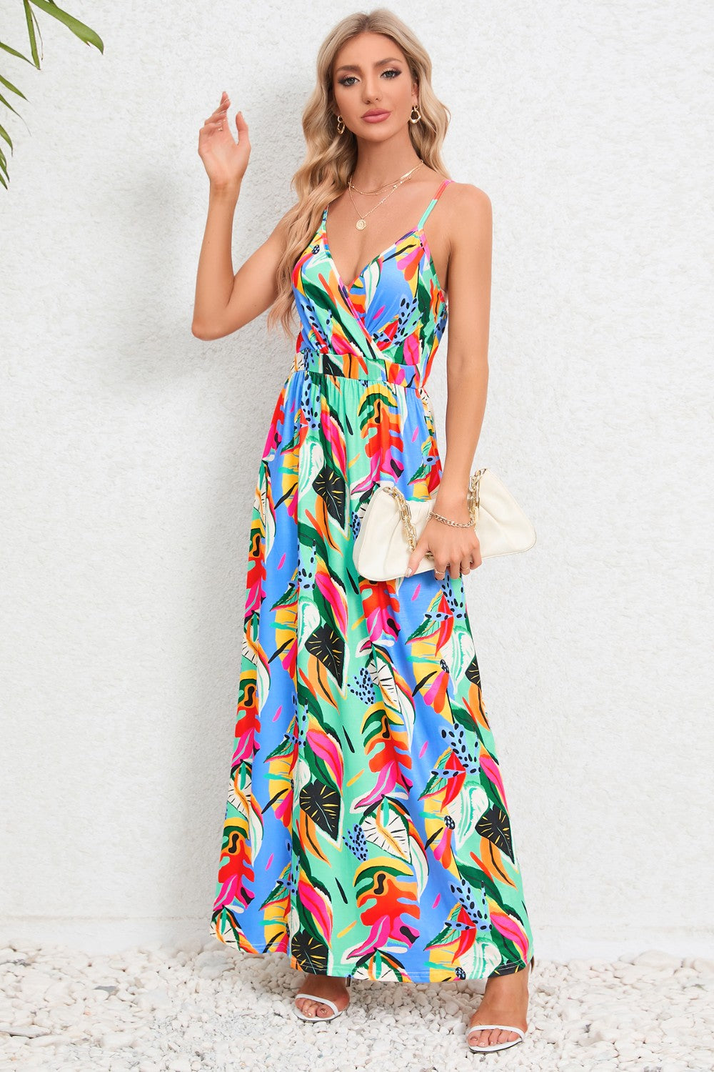 Printed Surplice Maxi Cami Dress - felvior