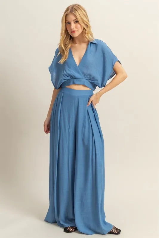 HYFVE Kimono Sleeve Crop Top and Wide Leg Pants Set - felvior